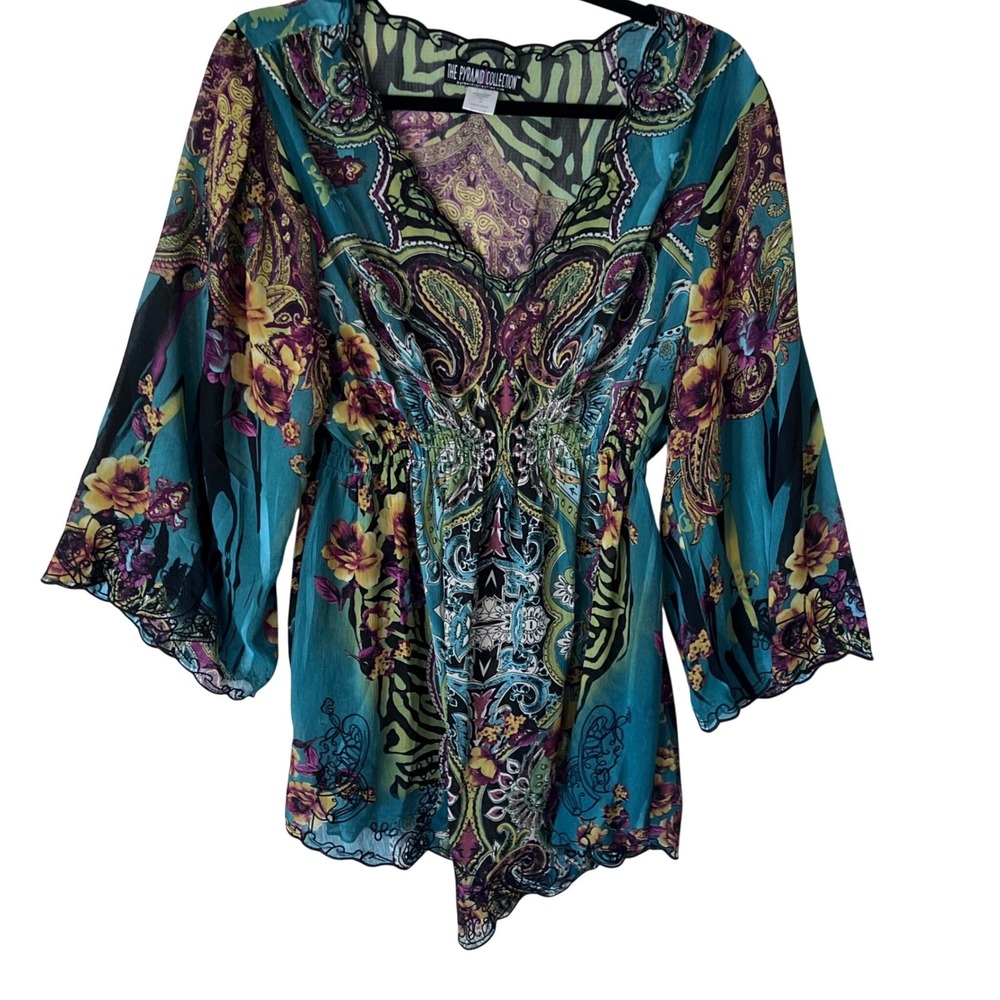 The Pyramid Collection Whimsigoth Fairy Paisley Floral Print Tunic Top Blouse XL